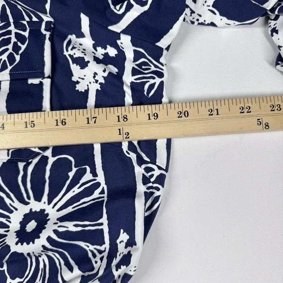 J McLaughlin Navy Floral Shirt Dress Sz M / L Belted Catalina Career Office READ - Picture 9 of 12
